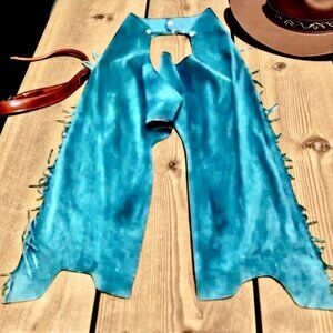 Western Cowgirl Teal PIG SUEDE Show Chaps Fringe Handmade Vtg 90's + Belt